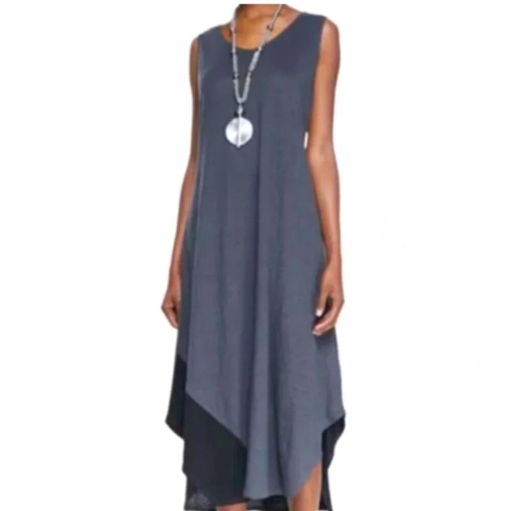 Eileen Fisher XL Gray Organic Linen Sleeveless Lagenlook Midi Dress Hanky $278